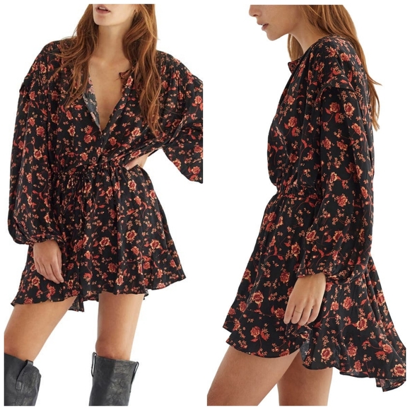 Free People Dresses & Skirts - Free People Floral Black Orange Flowy Dress